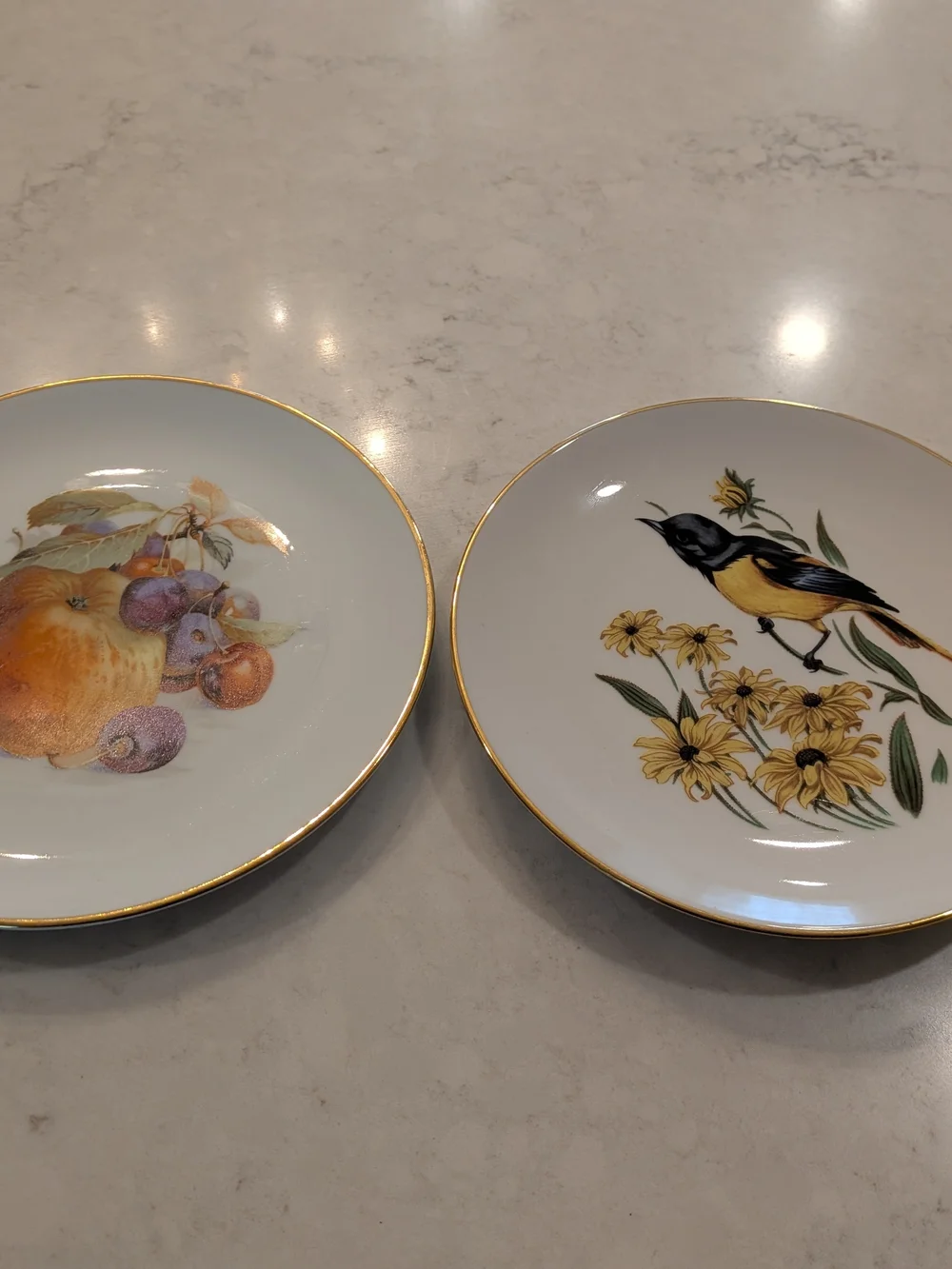 Gold-Rimmed Decorative Bird & Fruit Porcelain Plates - Set of 2. 7.5